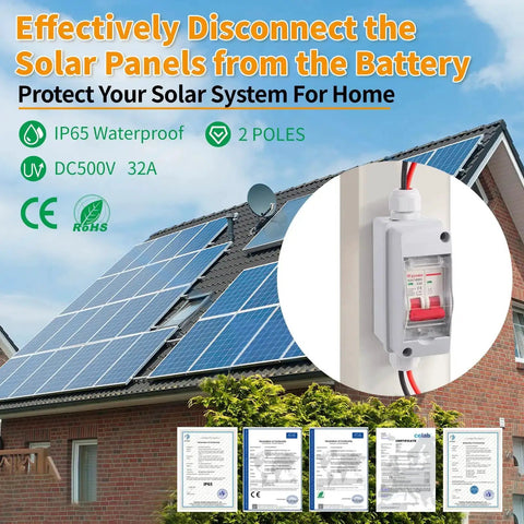 Solar Panel Disconnect Switch With IP65 Waterproof Rating Back Mounted DC 500V 32A Mini Circuit Breaker Box For Outdoor