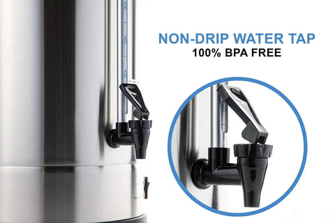 Close-up of non-drip water tap on Commercial Grade 50 Cup Percolator Coffee Maker And Hot Water Urn In Stainless Steel 8 Liter