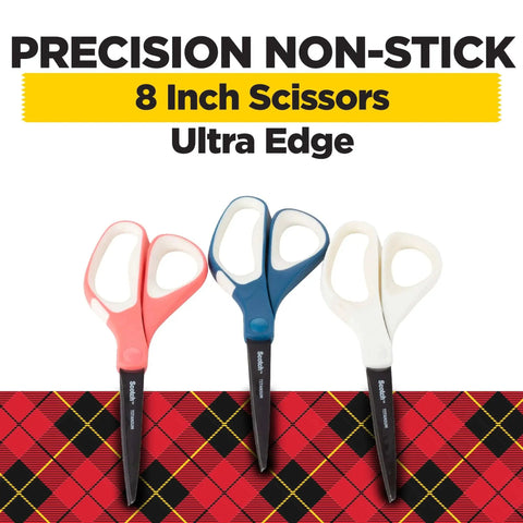 Precision Ultra Edge 8 Inch Non-Stick Scissors, Titanium-Fused Blades, Comfort Handles, 3-Pack for Crafting on plaid background