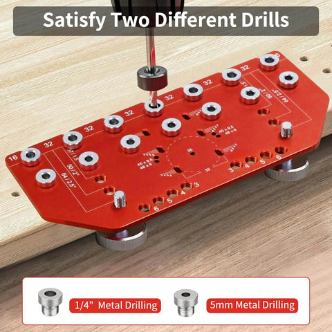 2 In 1 Shelf Pin And Hinge Jig For DIY Cabinets And Home Projects, aluminum adjustable drilling jig in use on wood surface