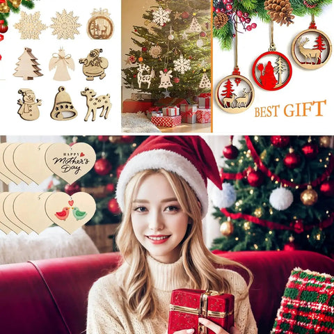 Christmas ornaments and gifts with woman in Santa hat holding a present by decorated tree.