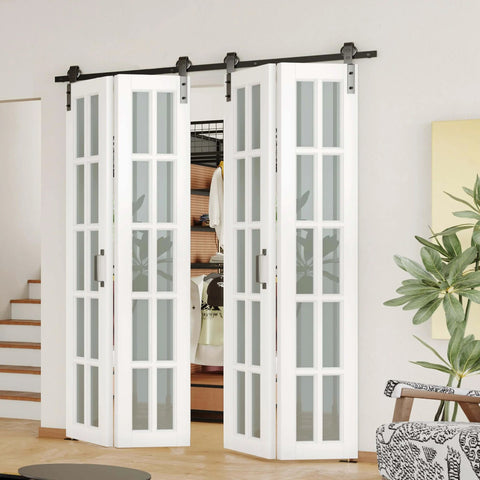 Bi Fold Sliding Barn Door Kit With 72 Inch Width And 84 Inch Height, 10 Lite Tempered Frosted Glass Panels, installed interior view.