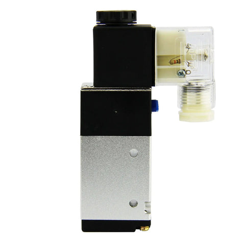 Side view of Compact 1/4 Inch NPT 3 Way 2 Position Pneumatic Solenoid Valve DC 12V with Aluminum Body, IP65 rated for dust and water