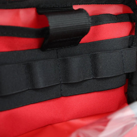 Close-up of red and black interior of Color Coded First Aid Kit Pouches Set of 4 With Transparent Window For EMT Trauma Bags, Lightning X.