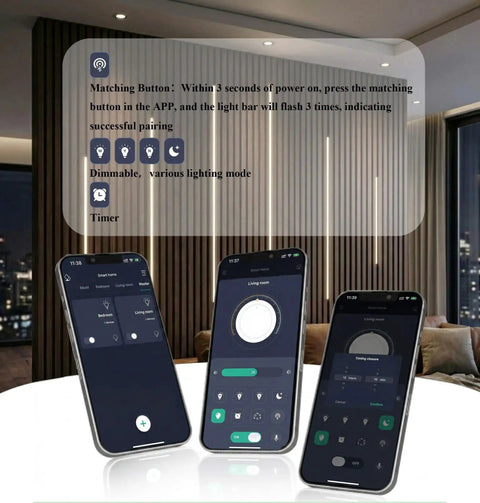 App interface for Recessed LED Light Bar Kit With CCT 2700K To 6500K, shown with remote, in a modern living room setting.