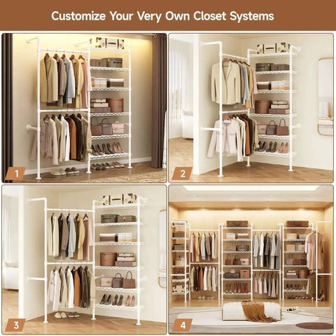 Wall Mounted Garment Rack and Closet System With Two Expandable Rods Six Adjustable Shelves Industrial Pipe Style Metal Shelving in White Heavy Duty Walk In Closet Organizer Easy Install Durable Clothes Storage Solution.
