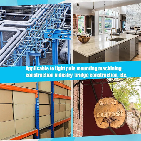 Composition showing industrial piping, modern kitchen, storage shelves, and rustic sign, illustrating diverse anchor applications.