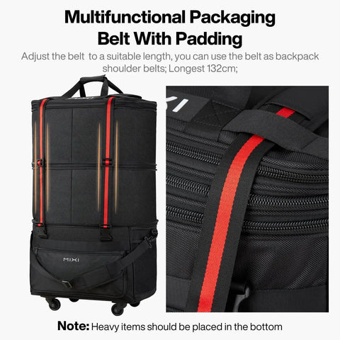 Expandable Rolling Travel Bag With Wheels For Men And Women, 58L Base Expands To 90L Or 120L, close view of black duffel with red handles