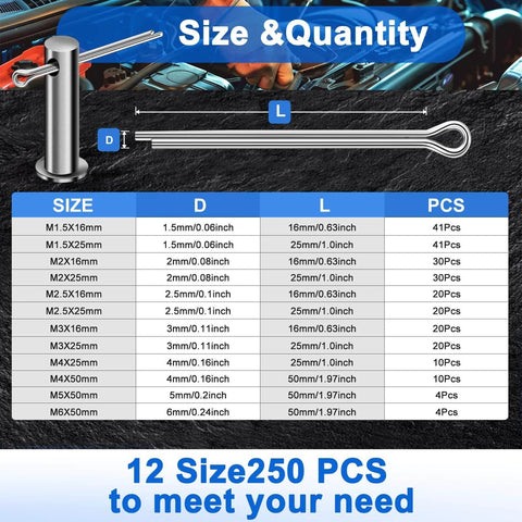12 sizes chart of 250 Piece Cotter Pin Assortment Kit 12 Sizes 304 Stainless Steel Hardware Pins For Trailer Truck Tractor Automotive Hitch And Locking Systems Ready To Roll Heavy Duty Corrosion Resistant Rust Proof Smooth Burr Free Finish
