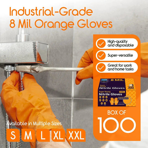 Person using Orange Nitrile Gloves 8 Mil Heavy Duty Diamond Textured Grip Large 100 Count to tighten a wrench in a workshop setting.