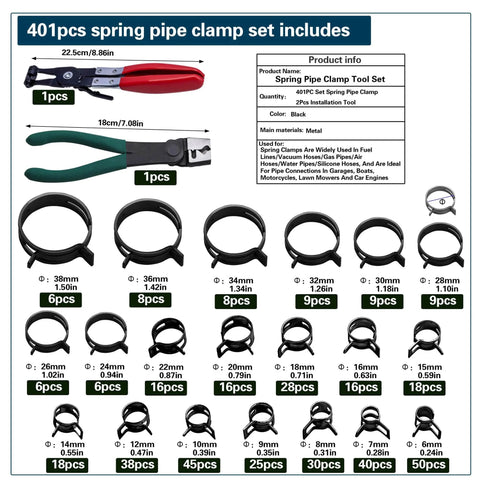 Automotive Spring Hose Clamps Kit 6 To 38 Mm 401 Pcs With 20 Sizes Includes 2 Installation Tools For Fuel Coolant Lines