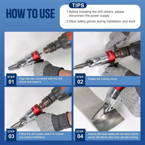 Step-by-step guide using Powerful Sheet Metal Cutter Drill Attachment With 360 Degree Pivoting Handle For Quick Curved And Straight Cuts, Easily Replacing Scissors And Knives, Made From Chrome Vanadium Steel For Durable Performance VlOXO Compatible.