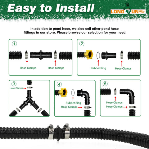 1 inch corrugated pond hose, black PVC tubing, 20.6 ft with fittings and hose clamps
