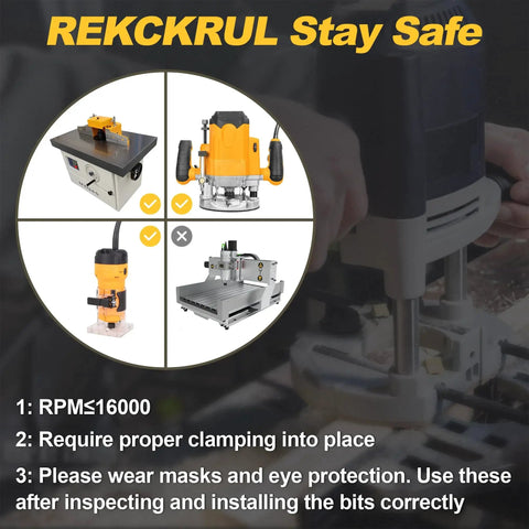 Safety instructions for using 45 Degree Chamfer Router Bit With Bearing, Half Inch Shank, showing router setup and proper usage