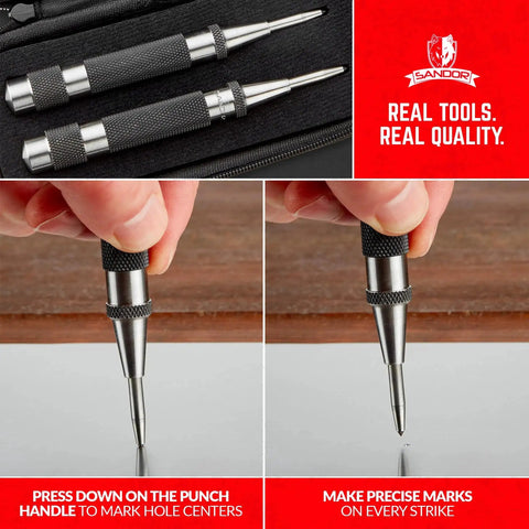 Heavy Duty Automatic Center Punch Set 2 Pack With Hardened Steel Spring Loaded Mechanism Adjustable Knurled Cap And Hard Shell Carry Case For Machinists And Carpenters Working In Wood Metal Aluminum Brass Copper shown in use