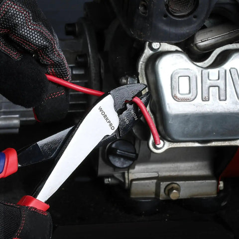 Heavy Duty Wire Cutter Crimper Tool For 10 To 22 AWG Terminals And Connectors shown cutting red wire next to engine