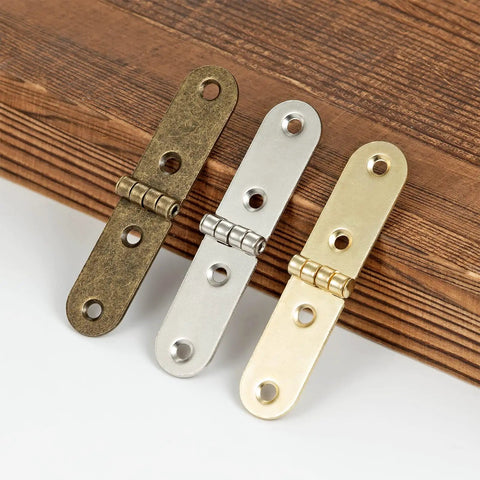 Satin Silver Mini Hinges for Wooden Boxes 20 Pack Die Cast Iron Hardware With 270 Degree Opening displayed with 3 finishes.