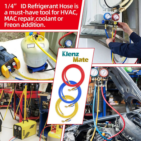 Amazon 29986 Plus II 1/4 in HVAC refrigerant hoses, 72 in, red/blue/yellow 3-pack ball-valve and 1/4 flare fittings.