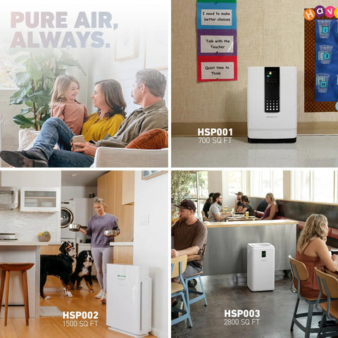 Lifestyle image of a family relaxing in a bright living room, clean air concept.
Hathaspace HSP001 air purifier, white floor unit with black control panel, 700 sq ft coverage.
Hathaspace HSP002 air purifier by the kitchen, white cabinet, 1500 sq ft coverage, with dogs nearby.
Hathaspace HSP003 air purifier in a cafe, white upright unit, 2800 sq ft coverage.