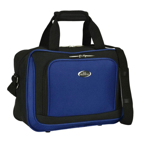New Yorker Lightweight Expandable Rolling Luggage Set By U S Traveler Blue 4 Piece Suitcase Set with front view of carry-on bag