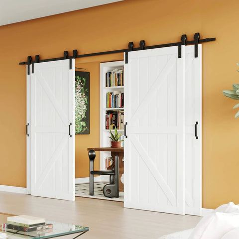 Space Saving Bypass Barn Door Kit 60 By 84 Inch With 6 Foot Hardware For Single Track Doors On Double K Frame Doors MDF White DIY Painted Finish Easy To Install installed in a living space