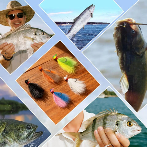 Collage of Five Piece Mixed Color Crappie Jigs Kit With Hand Tied Marabou Jigs One Sixty Fourth To One Quarter Ounce Freshwater And Saltwater Lures For Trout Bass Crappie And Walleye All Purpose Dope Tackle showing fish and anglers