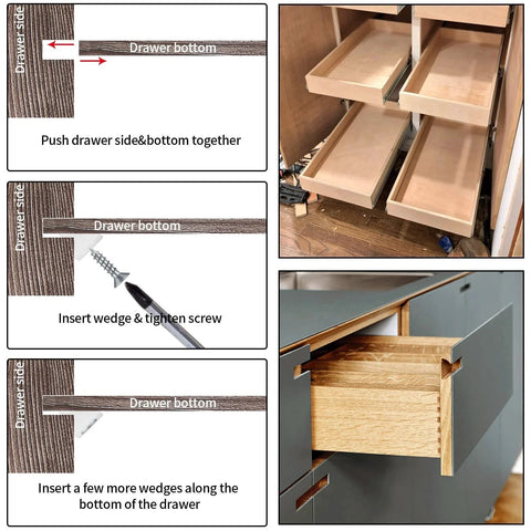 Instructional steps for 120 Pcs Drawer Wedges With Stainless Steel Screws Kit for fixing sagging drawer bottom.