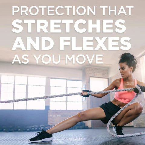 Flexible Fabric Adhesive Bandages on knee during rope workout, highlighting stretch and flexibility for active usage