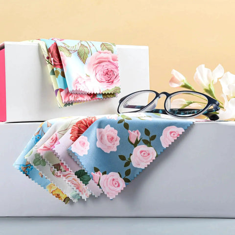 Microfiber Cleaning Cloths 6x7 Inches Multicolor Flower Pattern For Eyeglasses displayed with glasses