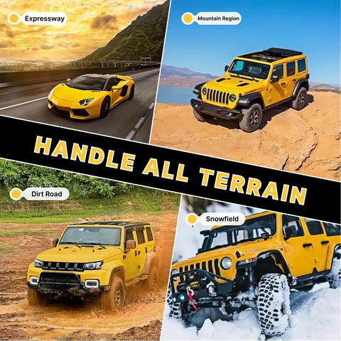 Four yellow vehicles on expressway, mountain, dirt road, and snowfield showcasing off-road capabilities.