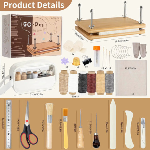 Complete DIY book binding kit with tools, 11.6x7.8 inch book press, wax thread, needles, awl, and plastic bone folders shown