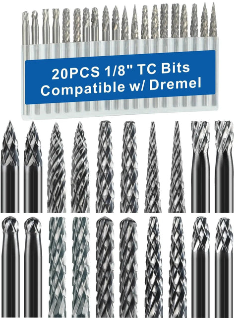 Twenty Piece Carbide Burr Set With One Eighth Inch Shank For Dremel Rotary Tools, Includes Portable Clamshell Case, various burr shapes visible