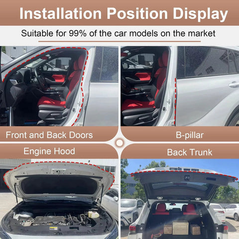 Installation positions for Durable D Shaped EPDM Weather Stripping For Cars And RVs 10 Ft Self Adhesive Door Seal Strip shown on doors, hood, trunk.