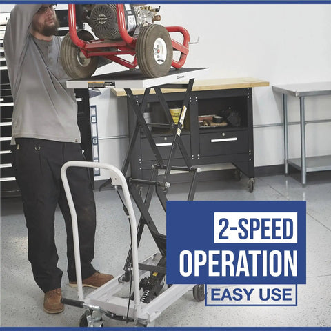 Strongway 2-Speed Hydraulic Rapid XT Lift Table Cart; steel frame, black with silver platform, 500-lb capacity