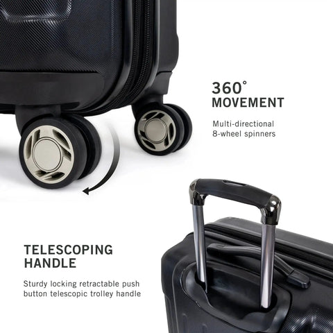 Close-up of Renegade Expandable 8 Wheel Spinner Luggage showing wheels and telescoping handle, Kenneth Cole Reaction, black.