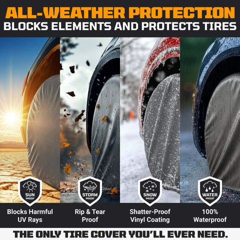 Heavy Duty Tire Covers Set Of Four For 26 To 28.75 Inch Tires, All Weather UV Resistant With StormLock System in various elements