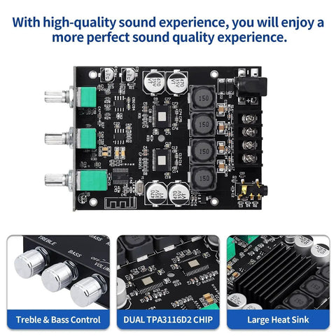 2 Channel Bluetooth Five Zero HiFi Amplifier Board With 100W And 100W Output Subwoofer Ready USB And AUX Inputs Bass And Treble Control DC 12 To 24V DIY Speaker Amp Module with treble and bass control, dual TPA3116D2 chip, and large heat sink, top view.