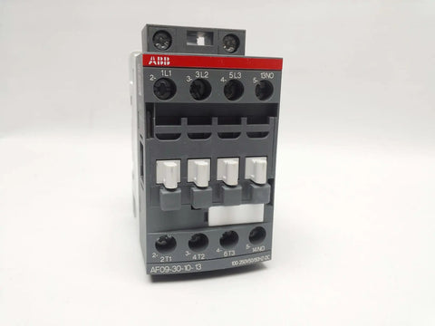 Front view of Single magnetic contactor AF09-30-10-13 equivalent, IEC 3-pole control relay with 120 VAC coil, 10 A rated switching.