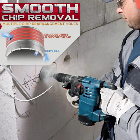 Worker using Durable Concrete Hole Saw Kit Set Of Twenty With Three Drill Bits And SDS Plus And SDS Max Shank on a concrete wall