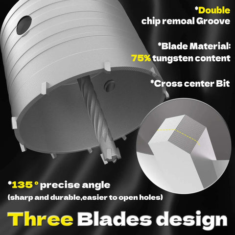 Close-up of Beefy 35 Piece Concrete Hole Saw Kit showing double chip removal groove and cross center bit with tungsten carbide.