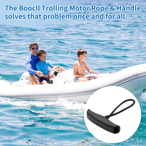 2 Pack MKA 45 Trolling Motor Rope And Handle for Minn Kota Maxxum and Edge; inset close-up of handle on boat with family