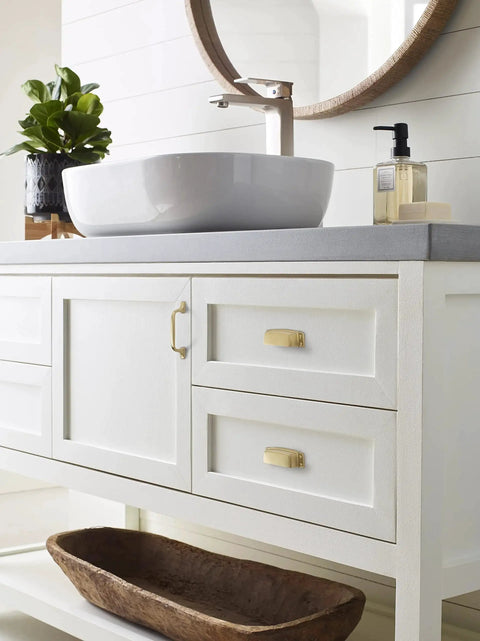 White bathroom vanity with Champagne Bronze Cabinet Pull Highland Ridge 3 Inch Center To Center 4 5 16 Inches Overall Length Transitional Style Drawer Pull For Cabinets And Furniture 1 Pack Cabinet Hardware.