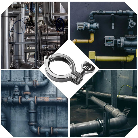 Tri-clamp coupling, 2-inch, stainless steel 304, silicone gasket in an industrial piping system
Installed 2-inch stainless steel 304 tri-clamp in industrial piping with valves and gauges
Rusty pipes with clamp-style tri-clamp fittings on blue industrial piping
Industrial pipework with tri-clamp connections under machinery
Close-up of 2-inch stainless steel 304 tri-clamp with silicone gasket and wing nut