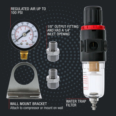 Master Airbrush diaphragm regulator with gauge and water trap, 1/8 in output, wall-mounted bracket included