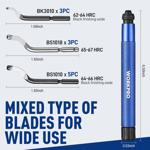 Pro Grade Deburring Tool Kit From WORKPRO With 11 High Speed Steel Swivel Blades And 360 Degree Rotary Head Covers Metal Resin Aluminum Copper Plastic 3D Printing And Wood Includes 3 Blade Sizes For Precision Deburring showing tool handle and blade types