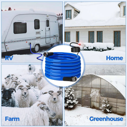 Blue HOHOMETIC heated water hose, 30 ft, with fittings, suitable for RV, home, farm, and greenhouse.