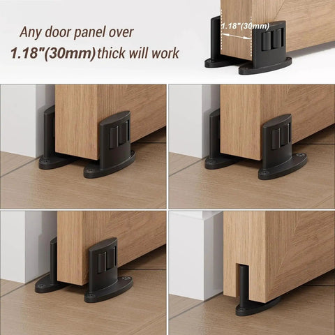 Floor Guide For Sliding Barn Door Bottom With Double Sided Roller Design Concealed Pulleys For Smooth Quiet Sliding Fits Doors Over 30mm Thick Works With Slotted And Non Slotted Panels Easy Installation Black Finish Set Of Two installed view.