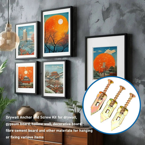 Self Drilling Drywall Anchors And Screws Kit With Two Anchor Sizes And Three Expansion Screw Sizes, Zinc Plated Steel Sheetrock Anchors, No Drilling Required, Holds Up To 66 Lbs. 100 Pcs shown with framed artwork on wall background