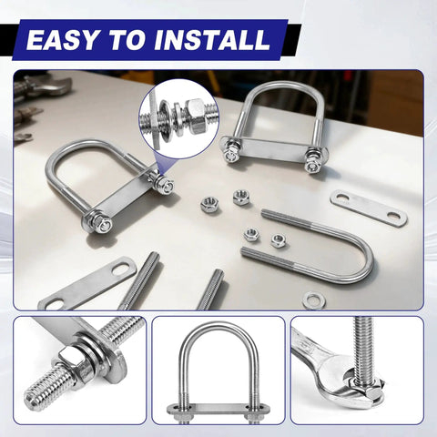 Heavy Duty M8 U Bolts Set Of 4 1-3/4 Inch Wide 4-1/4 Inch Long Stainless 304 Grade with nuts, bolt plates, washers, frame plates displayed