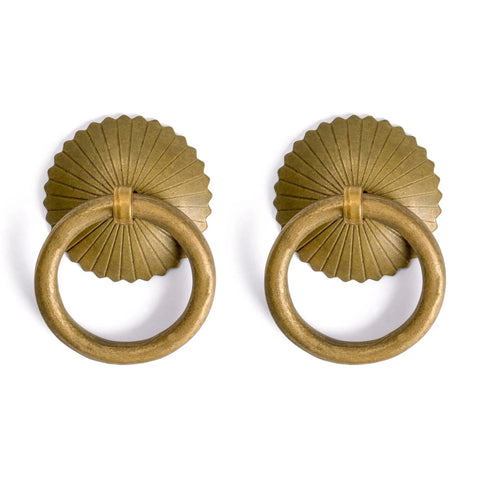 Solid Brass Ring Pulls Set Of 2 For Drawers And Cabinets, 2.4 Inch Overall With Ring Pull 1.7 Inch Wide, Includes Radial Washers 
